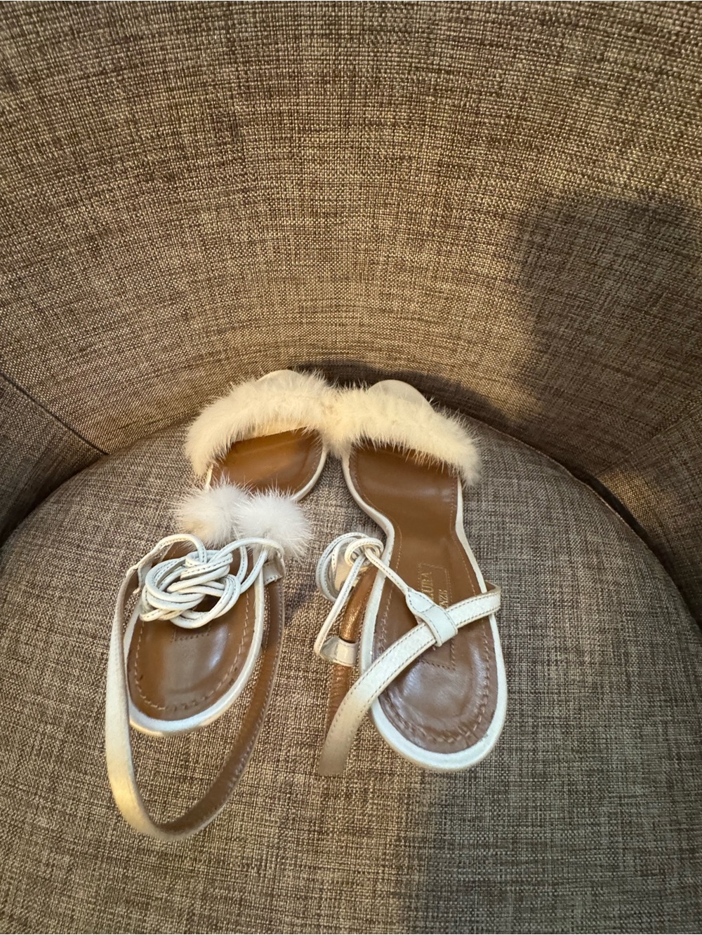 Aquazzura White real Mink Pom-Pom Strappy Stiletto Sandals - Picture 6 of 7